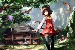 Rule 34 | 1girl, animal ears, bird, black thighhighs, bow, bowtie, brown hair, building, bus, cabin, cat ears, cat tail, chen, chinese clothes, dappled sunlight, day, feathers, grass, green hat, hat, house, long sleeves, looking at viewer, mob cap, motor vehicle, multiple tails, outdoors, pleated skirt, red eyes, red skirt, red vest, road sign, rock, ryosios, shirt, short hair, sign, skirt, skirt set, smile, solo, sunlight, tail, thighhighs, touhou, tree, two tails, vest, walking, white shirt, window, wooden house, yellow bow, yellow bowtie, zettai ryouiki