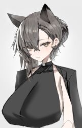 Rule 34 | 1girl, alternate costume, alternate hairstyle, animal ears, arknights, black coat, black shirt, breasts, closed mouth, coat, coat on shoulders, commentary request, earrings, extra ears, grey hair, hair bun, highres, horn/wood, jewelry, large breasts, light blush, looking at viewer, mole, mole above eye, penance (arknights), shirt, single hair bun, solo, stud earrings, upper body, wolf ears, wolf girl, yellow eyes