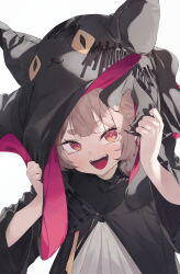 Rule 34 | 1girl, animal hat, black hat, blush, cat hat, grey hair, hands on headwear, hat, highres, legendary sword, long sleeves, looking at viewer, open mouth, pink eyes, red eyes, rose (legendary sword), smile, solo, soya (torga), torn clothes, torn hat, upper body, witch, witch hat
