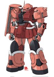 Rule 34 | clenched hands, dated, gundam, highres, looking to the side, mecha, mobile suit, mobile suit gundam, no humans, one-eyed, pink eyes, pravin rao santheran, redesign, robot, shoulder spikes, solo, spikes, standing, zaku ii s char custom, zeon