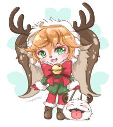 Rule 34 | 1girl, alternate hair color, bell, blush, boots, bow, christmas, fang, horns, league of legends, long hair, pointy ears, poppy (league of legends), ribbon, twintails, yordle