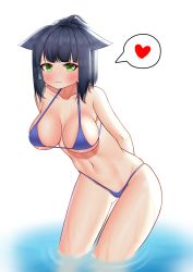 Rule 34 | 1girl, alternate costume, animal ears, arknights, arms behind back, bad id, bad pixiv id, bikini, blue hair, blush, breasts, cat ears, cleavage, closed mouth, collarbone, deaver, gluteal fold, green eyes, heart, highres, jessica (arknights), large breasts, leaning forward, looking at viewer, medium hair, micro bikini, midriff, navel, ponytail, simple background, smile, solo, spoken heart, standing, string bikini, swimsuit, thighs, wading, water, white background