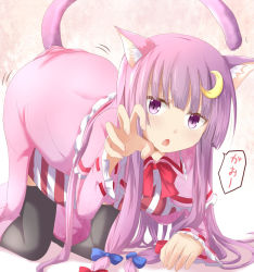 Rule 34 | 1girl, all fours, animal ears, ass shake, black thighhighs, blunt bangs, capelet, cat ears, cat tail, claw pose, crescent, crescent hair ornament, dress, hair ornament, kemonomimi mode, long hair, long sleeves, looking at viewer, open mouth, patchouli knowledge, purple eyes, purple hair, ram hachimin, ribbon-trimmed sleeves, ribbon trim, solo, striped clothes, striped dress, tail, thighhighs, touhou