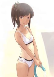 Rule 34 | 10s, 1girl, alternate costume, bikini, breasts, brown eyes, brown hair, hose, i-401 (kancolle), kantai collection, one-piece tan, short hair, short ponytail, small breasts, smile, solo, swimsuit, tan, tanline, wa (genryusui), water, white background, white bikini