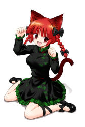 Rule 34 | 1girl, :d, animal ears, blush, bow, braid, cat ears, cat girl, cat tail, dress, fang, female focus, hair bow, kaenbyou rin, looking at viewer, marugoshi (54burger), open mouth, paw pose, red eyes, red hair, simple background, sitting, sketch, smile, solo, tail, touhou, twin braids, wariza, white background