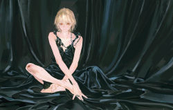Rule 34 | androgynous, bare shoulders, barefoot, black dress, blonde hair, blood, blood on leg, chain, closed mouth, collarbone, crossdressing, crossed ankles, crossed arms, curtains, dress, earrings, full body, hand on own foot, huangdanlan, hunter x hunter, injury, jewelry, kurapika, looking at viewer, plantar flexion, red eyes, ring, scratches, short hair, sitting, sleeveless, sleeveless dress, torn clothes