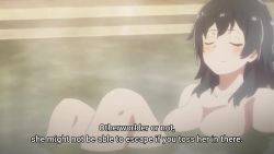 Rule 34 | 1girl, animated, anime screenshot, bath, bathing, bathroom, black hair, blush, breasts, closed eyes, collarbone, completely nude, large breasts, long hair, nude, partially submerged, shokei shoujo no virgin road, smile, sound, subtitled, thighs, tokitou akari, video, water, wet, wet hair