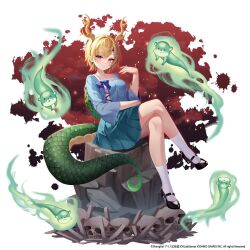 Rule 34 | 1girl, antlers, blonde hair, blue shirt, dragon girl, dragon horns, dragon tail, gin (gin937), horns, kicchou yachie, looking at viewer, otter, otter spirit (touhou), red eyes, shirt, short hair, square neckline, tail, touhou, turtle shell, yellow horns