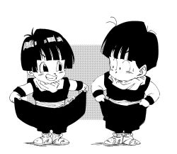 Rule 34 | 1boy, 1girl, aged down, black hair, blush, child, clothes pull, cosplay, dragon ball, dragon ball super, dragon ball super super hero, dragonball z, father and daughter, fenyon, full body, grin, highres, looking at viewer, monochrome, pan (dragon ball), pulled by self, short hair, smile, son gohan, son gohan (cosplay), standing, sweatdrop, teeth