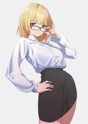 Rule 34 | 1girl, absurdres, blonde hair, blue eyes, breasts, cleavage, collared shirt, glasses, highres, hololive, hololive english, long sleeves, looking at viewer, pencil skirt, reulem, secretary, shirt, short hair, skirt, solo, virtual youtuber, watson amelia, white background
