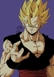 Rule 34 | 1boy, absurdres, artist name, biceps, black wristband, blonde hair, closed mouth, collarbone, commentary request, dougi, dragon ball, dragon ball super, dragon ball super super hero, fingernails, green eyes, hand up, highres, looking at viewer, male focus, muscular, muscular male, pectoral cleavage, pectorals, purple background, red sash, sash, seya (asasei 718), signature, simple background, smile, smirk, solo, son gohan, spiked hair, super saiyan, super saiyan 1, upper body, v-shaped eyebrows, wristband