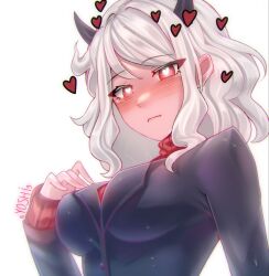 Rule 34 | 1girl, 66yoshi99, breasts, formal, heart, heart-shaped pupils, helltaker, highres, medium breasts, modeus (helltaker), red eyes, ribbed sweater, solo, suit, sweater, symbol-shaped pupils, white hair