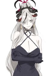 Rule 34 | 1girl, black dress, black gloves, black horns, blue archive, breasts, cleavage, closed mouth, demon horns, dress, gloves, gomibako (gomibako price), grey eyes, grey hair, halterneck, highres, horns, large breasts, long hair, looking at viewer, makoto (blue archive), makoto (dress) (blue archive), official alternate costume, pointy ears, simple background, solo, upper body, white background