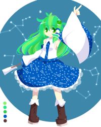 Rule 34 | 1girl, ankle boots, aries (constellation), arm up, armpits, blue background, blue shirt, blue skirt, blush, boots, breasts, brown footwear, closed mouth, collared vest, constellation, cross-laced footwear, frilled skirt, frills, frog hair ornament, full body, gohei, green eyes, green hair, hair between eyes, hair ornament, hair tubes, japanese clothes, kochiya sanae, libra (constellation), long hair, looking to the side, medium skirt, messy hair, miko, nosada, outstretched arm, pointing, pointing up, scorpius (constellation), shirt, skirt, sleeveless, sleeveless shirt, smile, snake hair ornament, socks, solo, standing, touhou, vest, white socks, white vest