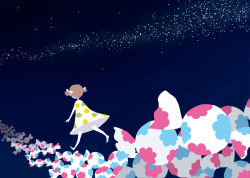 Rule 34 | 1girl, bow, brown hair, candy, dress, from behind, hair bow, night, no lineart, no shoes, nona drops, original, path, road, sky, solo, space, star (sky), starry sky, surreal, two side up, walking, white bow, wrapped candy