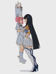 Rule 34 | 2girls, black hair, blush, boots, commentary, epaulettes, eye contact, face-to-face, from side, grey background, gutalalaman, hat, height difference, high heel boots, high heels, highres, jakuzure nonon, junketsu, kill la kill, kiryuuin satsuki, lauren phillips lifting alice merchesi (meme), long hair, long sleeves, looking at another, meme, multiple girls, pink hair, shadow, shako cap, short sleeves, symbol-only commentary, thigh boots, thighhighs, very long hair, yuri