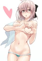 Rule 34 | 1girl, :o, ahoge, areola slip, bikini, bikini bottom only, blush, bow, breast hold, breasts, brown eyes, covering privates, covering breasts, cowboy shot, fate (series), gluteal fold, hair between eyes, hair bow, heart, heart-shaped boob challenge, heart-shaped pupils, heart hands, koha-ace, looking at viewer, lowleg, lowleg bikini, medium breasts, navel, okita souji (fate), okita souji (koha-ace), open mouth, pink hair, shunichi, simple background, solo, swimsuit, symbol-shaped pupils, topless, towel, white background
