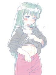 Rule 34 | 1girl, averting eyes, black shirt, black sports bra, blue eyes, blush, cha ipride, choker, closed mouth, clothes lift, clothes pull, collarbone, cowboy shot, flying sweatdrops, green hair, half updo, highres, idoly pride, komiyama ai, looking down, multicolored hair, navel, one side up, pants, pants pull, pink hair, pink pants, shirt, shirt lift, simple background, solo, sports bra, stomach, streaked hair, white background, wispy bangs, yoga pants