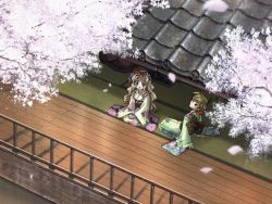 Rule 34 | 2girls, androgynous, arm support, blonde hair, blue eyes, brown hair, carnelian, cherry blossoms, fence, floral print, from above, game cg, green eyes, grey hair, hair ornament, ichijou sayoko, japanese clothes, kimono, long hair, looking up, multiple girls, obi, on floor, ono ikumi, outdoors, petals, re leaf, reclining, rooftop, sash, seiza, short hair, sitting, very long hair, wavy hair, wooden floor