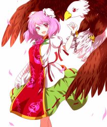 Rule 34 | 1girl, :d, bandaged arm, bird, blush, cowboy shot, cuffs, double bun, eagle, floral print, flower, green skirt, highres, ibaraki kasen, jpeg artifacts, open mouth, petals, pink eyes, pink hair, puffy short sleeves, puffy sleeves, red eyes, ribbon trim, rie-co, rose, shackles, short sleeves, simple background, skirt, smile, solo, tabard, touhou, white background