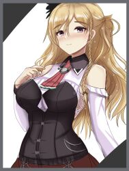 Rule 34 | 1girl, ascot, bare shoulders, blonde hair, blush, bodice, braid, breasts, brown eyes, corset, french braid, hair between eyes, hat, highres, kantai collection, large breasts, long hair, long sleeves, looking at viewer, mini hat, red ascot, roko roko (doradorazz), shirt, side braid, smile, solo, tilted headwear, upper body, wavy hair, white shirt, zara (kancolle)