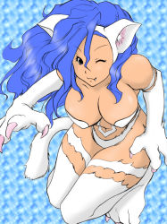 Rule 34 | animal hands, blue hair, breasts, capcom, cat paws, cat tail, felicia (vampire), fur, highres, large breasts, rai on (abc3639), smile, tail, vampire (game)