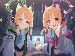 Rule 34 | 2girls, animal ear headphones, bar censor, blonde hair, blue archive, blush, cat ear headphones, censored, commentary request, cooperative handjob, fake animal ears, green eyes, halo, handjob, headphones, looking at viewer, midori (blue archive), momoi (blue archive), multiple girls, open mouth, penis, pov, red eyes, school uniform, shimaidon (sex), short hair, shorts, siblings, sisters, thighhighs, twins, wk (low-f)