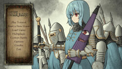 Rule 34 | 1girl, 6+others, absurdres, allcy49, armor, blue eyes, blue hair, chainmail, crossover, english text, gauntlets, helm, helmet, heterochromia, highres, holding, holding sword, holding umbrella, holding weapon, karakasa obake, knight, medieval, mount &amp; blade, multiple others, pauldrons, polearm, red eyes, shoulder armor, spear, sword, tatara kogasa, touhou, umbrella, user interface, weapon