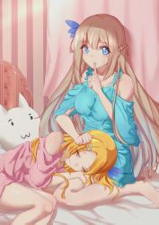 Rule 34 | 2girls, animal-shaped pillow, barefoot, bed, blonde hair, blue dress, blue eyes, borrowed character, braid, crown braid, dress, feather hair ornament, feathers, fictional persona, finger to mouth, hair ornament, hairclip, highres, indoors, lap pillow, lexington (warship girls r), long hair, looking at viewer, lying, multiple girls, on bed, on side, pajamas, saratoga (warship girls r), sleeping, striped, very long hair, warship girls r, wide sleeves