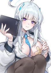 Rule 34 | 1girl, absurdres, bandaid, bandaid on breast, blue archive, blue necktie, blush, breasts, flashing, hair ornament, halo, highres, jacket, large breasts, long hair, long sleeves, looking at viewer, necktie, no bra, noa (blue archive), opened by self, purple eyes, raki kr, shirt, sidelocks, smile, solo, white background, white hair, white jacket, white shirt