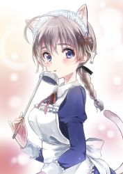 Rule 34 | 1girl, :p, ahoge, alternate costume, animal ears, apron, backlighting, black ribbon, blue dress, blue eyes, braid, brown hair, cat ears, cat tail, collared dress, commentary, dress, enmaided, from side, hair ribbon, highres, holding, holding ladle, juliet sleeves, ladle, long sleeves, looking at viewer, lynette bishop, maid, maid apron, maid headdress, neck ribbon, puffy sleeves, red ribbon, ribbon, single braid, solo, standing, strike witches, tail, tamasaki tama, tongue, tongue out, upper body, white apron, wing collar, world witches series