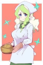 Rule 34 | 1girl, apron, blue eyes, blush, border, breasts, chef, cowboy shot, diana cavendish, dress, eyes visible through hair, green dress, holding, holding pot, hys-d, kappougi, large breasts, light green hair, little witch academia, long hair, long sleeves, looking at viewer, mittens, multicolored hair, oven mitts, pot, red background, solo, two-tone hair, white border, white headwear