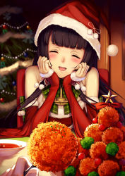 Rule 34 | 10s, 1girl, ^ ^, absurdres, anchor choker, bare shoulders, black hair, blurry, blush, bow, chair, christmas, christmas tree, closed eyes, detached sleeves, eyelashes, facing viewer, food, fur trim, green bow, hair ornament, hands on own cheeks, hands on own face, hat, head rest, highres, holding, indoors, kantai collection, kirieroido iii, long hair, mizuho (kancolle), open mouth, out of frame, plaid, plaid bow, plate, pom pom (clothes), pov, pov hands, red hat, red ribbon, restaurant, ribbon, santa costume, santa hat, smile, solo focus, soup, star (symbol), tongue, upper body, very long hair, wall