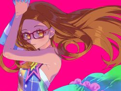 Rule 34 | 1girl, akai meganee, arms up, bare shoulders, brown eyes, brown hair, closed mouth, dress, glasses, highres, interlocked fingers, long hair, looking at viewer, multicolored clothes, multicolored dress, own hands together, pink background, pretty series, pripara, red-framed eyewear, simple background, solo, star (symbol), tsujii luki, upper body, wind
