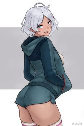 Rule 34 | 1girl, ahoge, artist name, bluefield, breasts, colored eyelashes, commentary request, dolphin shorts, green hoodie, green shorts, grey hair, gundam, gundam suisei no majo, highres, hood, hoodie, looking at viewer, medium breasts, secelia dote, short hair, shorts, skindentation, smile, solo, tan, thighhighs, thighs, twitter username, white background