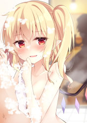 Rule 34 | 1boy, 2girls, bad id, bad pixiv id, blurry, blurry background, blush, breasts, commentary request, completely nude, crystal, depth of field, fang, flandre scarlet, hand on own chin, hand up, highres, light smile, looking at viewer, miy@, multiple girls, no headwear, nude, one side up, parted lips, pointy ears, red eyes, remilia scarlet, short hair, silhouette, small breasts, solo focus, steam, touhou, towel, upper body, wet, wings