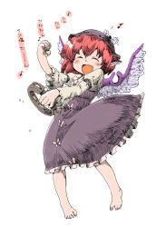 Rule 34 | 1girl, ^ ^, animal ears, barefoot, blush, blush stickers, cazya, child, closed eyes, feet, female focus, happy, hat, instrument, kazuiyun, music, mystia lorelei, red hair, short hair, simple background, singing, smile, solo, tambourine, touhou, translation request, white background, wings