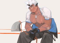 Rule 34 | 1boy, akiha gongen (housamo), bandaid, bandaid on face, bandaid on nose, bara, bare pectorals, black pants, blush, clothes lift, dark-skinned male, dark skin, dichuan (arriverw), dog tags, facial hair, feet out of frame, goatee, highres, horns, large pectorals, looking at viewer, male focus, mature male, multicolored hair, muscular, muscular male, nipples, pants, pectorals, scar, scar across eye, scar on face, shirt behind neck, shirt lift, short hair, single horn, solo, thick eyebrows, tokyo houkago summoners, two-tone hair, white hair