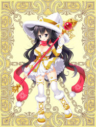 Rule 34 | black eyes, black hair, breasts, dress, hat, large breasts, long hair, scarf, staff, witch hat