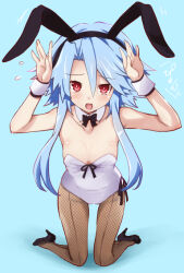 Rule 34 | 1girl, alternate costume, animal ears, bare shoulders, black bow, black bowtie, black hairband, blue hair, bow, bowtie, breasts, cleavage, detached collar, embarrassed, fishnet pantyhose, fishnets, full body, hair between eyes, hairband, hands up, high heels, iwashi dorobou -r-, kneeling, knees together feet apart, leaning forward, leotard, looking at viewer, medium hair, neptune (series), pantyhose, playboy bunny, power symbol, power symbol-shaped pupils, rabbit ears, rabbit pose, red eyes, short hair with long locks, small breasts, solo, symbol-shaped pupils, white heart (neptunia), white leotard, wrist cuffs