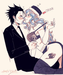 Rule 34 | 1boy, 1girl, absurdres, annlu vazzel, artist name, assertive female, black bra, black hair, blue hair, blue skirt, boots, bra, breasts, commentary request, cup, dated, drinking glass, fairy tail, flying sweatdrops, formal, gray fullbuster, hat, heart, hetero, highres, juvia lockser, medium breasts, necktie, skirt, smile, strap pull, suit, sweat, thigh boots, thighhighs, underwear, wine glass