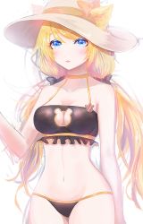 Rule 34 | 1girl, akan817, animal ears, bad id, bad pixiv id, bare shoulders, black bra, black panties, blonde hair, blue eyes, bow, bra, cat ears, choker, cleavage cutout, clothing cutout, collarbone, cowboy shot, ears through headwear, frilled bra, frills, groin, hair bow, halterneck, halterneck, hat, hat bow, king&#039;s raid, long hair, looking at viewer, low twintails, navel, panties, rodina (king&#039;s raid), simple background, solo, stomach, sun hat, twintails, underwear, very long hair, white background