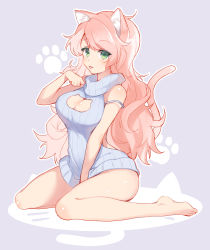 Rule 34 | 1girl, :p, animal ears, bare shoulders, barefoot, blue sweater, blush, breasts, cat cutout, cat ears, cat tail, cleavage, cleavage cutout, clothing cutout, green eyes, grey background, highres, juugonichi (wheeliex2), large breasts, long hair, looking at viewer, medium breasts, meme attire, naked sweater, open-chest sweater, original, pink hair, purple background, simple background, sitting, solo, sweater, tail, tongue, tongue out, turtleneck, turtleneck sweater, virgin killer sweater, wariza