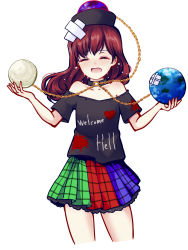 Rule 34 | 1girl, bad id, bad pixiv id, bare shoulders, chain, closed eyes, clothes writing, collar, collarbone, cowboy shot, crossed bandaids, crying, earth (planet), hat, hecatia lapislazuli, miniskirt, moon, multicolored clothes, multicolored skirt, off shoulder, open mouth, planet, red eyes, red hair, shirt, skirt, solo, tears, touhou, uranaishi (miraura)