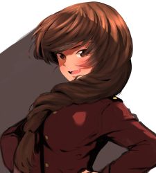 Rule 34 | 10s, 1girl, braid, brown eyes, brown hair, epaulettes, from side, girls und panzer, hair over shoulder, hands on own hips, jacket, long hair, long sleeves, looking at viewer, military, military uniform, mityubi, open mouth, red jacket, rukuriri (girls und panzer), single braid, smile, solo, st. gloriana&#039;s military uniform, standing, uniform, white background