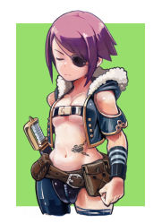 Rule 34 | 1girl, asymmetrical clothes, bare shoulders, belt, breasts, cleavage, eyepatch, closed eyes, heart, hood, hoodie, kousaku, midriff, navel, open clothes, open shirt, original, pouch, purple hair, shirt, short hair, solo, sword, tattoo, weapon
