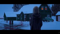 Rule 34 | 1girl, absurdres, black coat, blood, blood splatter, brown hair, building, car, coat, commentary, door, from behind, gun, highres, house, letterboxed, license plate, motor vehicle, original, outdoors, rudeko32, scenery, snow, solo, symbol-only commentary, trash can, tree, vehicle request, watermark, weapon, weapon on back, weapon request, window, winter