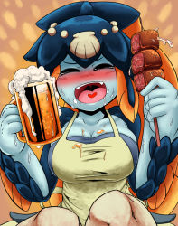 Rule 34 | 1girl, alcohol, apron, artist request, beer, blue skin, blush, breasts, cleavage, colored skin, drunk, closed eyes, female focus, food, minette (skullgirls), monster girl, open mouth, shell, skullgirls, solo, tagme