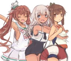 Rule 34 | 10s, 3girls, :d, ^ ^, armpits, bare arms, blonde hair, brown hair, closed eyes, dress, fang, hair ornament, i-401 (kancolle), kantai collection, libeccio (kancolle), lifebuoy, long hair, multiple girls, open mouth, riruno, ro-500 (kancolle), sailor collar, sailor dress, school swimsuit, school uniform, serafuku, simple background, smile, swim ring, swimsuit, swimsuit under clothes, tan, twintails, white background