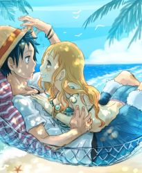 Rule 34 | 1boy, 1girl, beach, black hair, blush, brown eyes, earrings, eye contact, grin, hammock, hat, jewelry, long hair, looking at another, lying, meitarou, monkey d. luffy, nami (one piece), ocean, on back, on person, one piece, orange hair, outdoors, shorts, smile, straw hat, tattoo